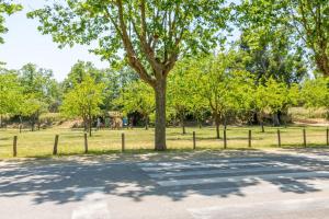 uma árvore num parque ao lado de uma cerca em TRA9-CASA con BARBACOA, PISCINA comunitaria en verano, 5 min en coche del MAR y el CENTRO em Empuriabrava