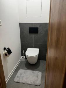 a bathroom with a white toilet in a room at Apartman Amur in Košice