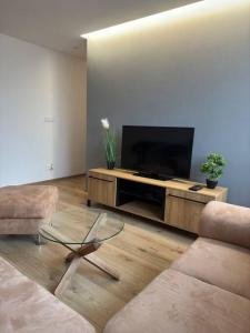 a living room with a couch and a television at Apartman Amur in Košice