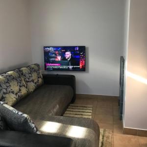 uma sala de estar com um sofá e uma televisão de ecrã plano em Гостевой домик на берегу Рижского залива em Bigauņciems