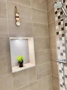 a shower with a mirror and a potted plant at Vieil Antibes Apartment with AC 320m from Beach in Antibes