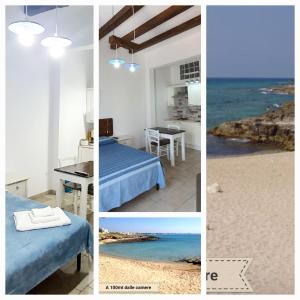 un collage de cuatro fotos de una habitación con playa en Lu Salentu Chalet Beach, en Marina di Mancaversa