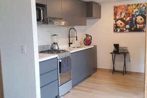 una cocina con estufa y encimera en Apartamento en la Roma Sur, céntrico, bellísimo., en Ciudad de México 10 fotos más