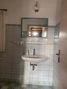 a bathroom with a sink and a mirror at Ferienhaus Falkenlust (Hausteil Scheune) in Haundorf