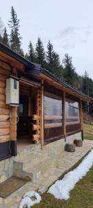 uma cabana de madeira com degraus de pedra à frente. em Brvnara Gradišnjica em Andrijevica