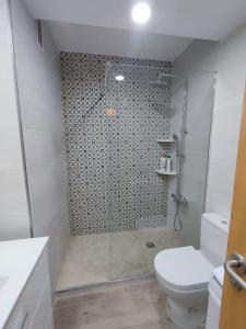 a bathroom with a shower with a toilet and a sink at Estudio apartamento LaLola in Matalascañas