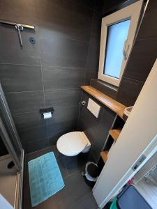 a small bathroom with a toilet and a window at Tiny House Black Pearl in Tettnang
