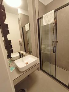 a bathroom with a sink and a glass shower at Zlatarooms 101 in Warsaw
