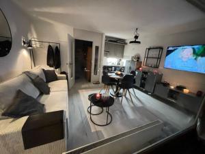 TV a/nebo společenská místnost v ubytování Vincenzo appart, Studio Confortable à Nendaz, accès Direct au Télécabine de Tracouet et Parking Souterrain Inclus