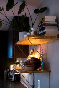 un estante con libros y una lámpara. en living with the host and the dog Comfortable double room in a house in Lillestrøm, en Lillestrøm