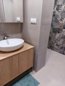 een badkamer met een witte wastafel en een spiegel bij Ubytovanie v Bojniciach - Apartmánový dom Bojnice in Bojnice