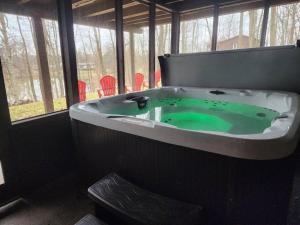 a bath tub with a green liquid in it at Eagles Nest At Heron Hill Retreat Hot Tub on Lake! in Streetsboro +30 photos