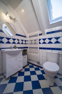 La salle de bains est pourvue de toilettes blanches et de carrelage bleu et blanc. dans l'établissement Apartmán Andy Riviera 503-10 Lipno Home, à Lipno nad Vltavou