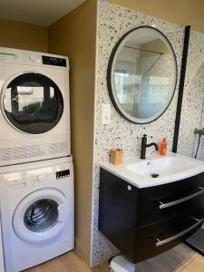 een badkamer met een wasmachine en een wastafel bij Jolie maison à Equihen-Plage in Équihen-Plage