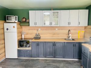 a kitchen with blue cabinets and a white refrigerator at Вила Маца in Sapareva Banya