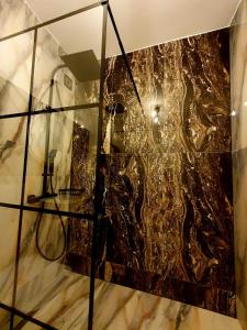 uma casa de banho com um chuveiro e uma parede de vidro em Marvic Apartament em Cluj-Napoca