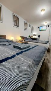 twee bedden in een kamer met een tv aan de muur bij Basilica Centrum Apartment Budapest in Boedapest