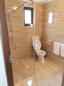 a bathroom with a toilet and a glass shower stall at VILA ALICE & DENIS in Bran