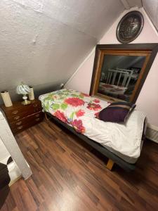 a bedroom with a bed with a dresser and a mirror at Stuga in Mörrum