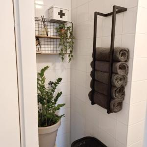 een badkamer met handdoeken en een plant bij Hotspot 83 in Alkmaar