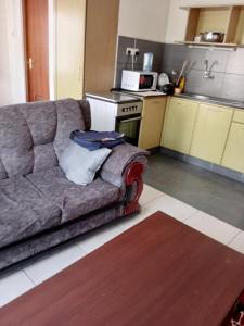a living room with a couch in a kitchen at Mvuli suites studio in Nairobi