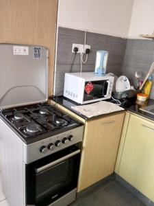 a small kitchen with a stove and a microwave at Mvuli suites studio in Nairobi