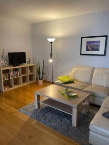 a living room with a couch and a coffee table at gepflegte Ferienwohnung in ruhiger Lage in Bad Kissingen