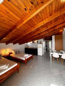 アギオス・ゲオルギオスにあるParadises's Nestのベッド2台、キッチンが備わる広い客室です。
