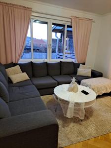 ein Wohnzimmer mit einem Sofa und einem Tisch in der Unterkunft Lägenhet på Rosenlund in Jönköping