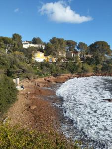 サン・ラファエルにあるSaint-Raphaël Acquarine coveの海と家のビーチの景色を望めます。