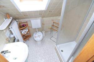 ein Bad mit einer Dusche, einem WC und einem Waschbecken in der Unterkunft Sandkamp 7 Wohnung 3 in Heiligenhafen