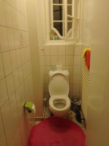 a small bathroom with a toilet with a red rug at JIMOBA PLACE in La Chaux-de-Fonds