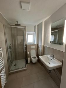 a bathroom with a shower and a toilet and a sink at Ferienwohnungen in Heidenheim in Heidenheim +32 photos