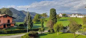 einen grünen Hügel mit Bäumen und einem Haus und Bergen in der Unterkunft La Tita in Somendenna