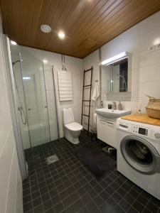 ein Badezimmer mit einer Waschmaschine und einem Waschbecken in der Unterkunft Ihana yksiö Kangasalan Harjunsalossa in Kangasala