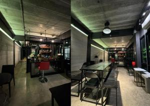 two images of a restaurant with a table and chairs at Adora Hostel in Chiang Mai