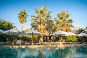 einen Pool mit Sonnenschirmen, Stühlen und Palmen in der Unterkunft Agroturismo Can Gall in Sant Llorenç de Balàfia