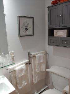 a bathroom with a toilet and a sink and towels at 3 Bedrooms 3 beds near metro -2 Parking Free in Montréal +51 photos
