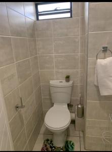 a bathroom with a white toilet in a shower at Nelly`s Green Creek Luxury Apartment in Pretoria