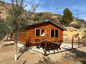 a log cabin with a picnic table in front of it at Big Fish River Ebro Resort in Riba-roja d'Ebre