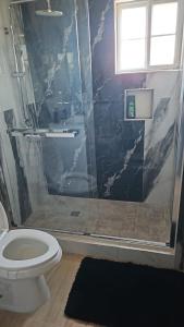 a bathroom with a shower and a toilet at Villas in A Gated Community in May Pen