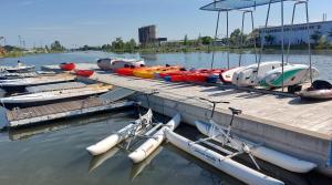 a bunch of boats are parked at a dock at Harmony Living - Graz Stadion Liebenau in Graz