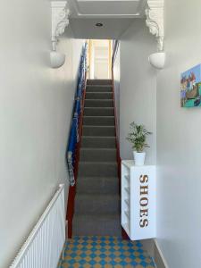 a stairway with a blue and red railing and a staircase at 8 Ravenscourt Gardens in London