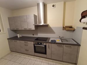 kuchnia ze zlewem i kuchenką w obiekcie Maison de ville de 95M2 w mieście Montmorillon