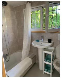 a bathroom with a sink and a tub and a toilet at La Petite Provence in Villes-sur-Auzon