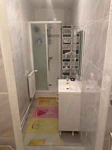 a white bathroom with a shower and a sink at maison a louer pour le jeux olimpique in Melun