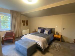 una camera da letto con un letto, una sedia e una finestra di La Maison du cèdre a Dossenheim-sur-Zinsel