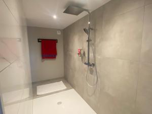 bagno con doccia e asciugamano rosso di La Maison du cèdre a Dossenheim-sur-Zinsel Altre 68 foto