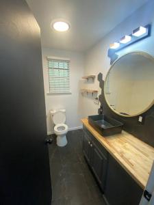 uma casa de banho com um lavatório e um espelho em Charming Cozy Cottage Near Southern University! em Baton Rouge