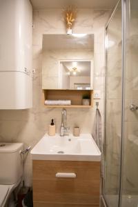 ein Bad mit einem Waschbecken und einer Dusche in der Unterkunft Studio rénové calme et cosy (10' Paris Pte d'Ivry) in Ivry-sur-Seine